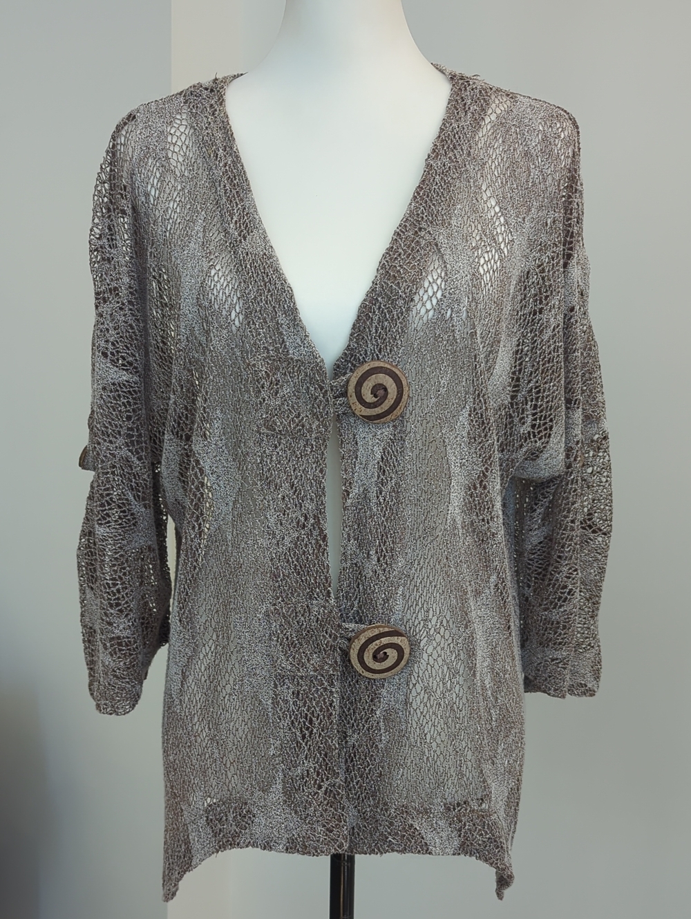 Lulu-B Mesh Big Button Open Knit Cardigan Sweater Boho Taupe Brown LARGE